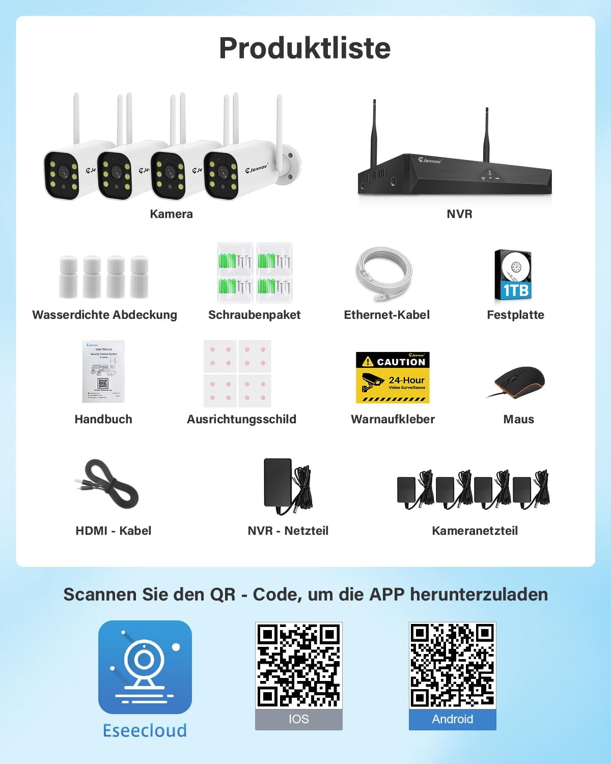 Jennov 5MP Überwachungskamera Set Aussen, 10CH 5MP WLAN NVR mit 4X WiFi Kamera Aussen mit 120° Weitwinkel, 24/7 Aufnahme, Personenerkennung, 2-Wege-Audio, Farb-Nachtsicht, 1TB