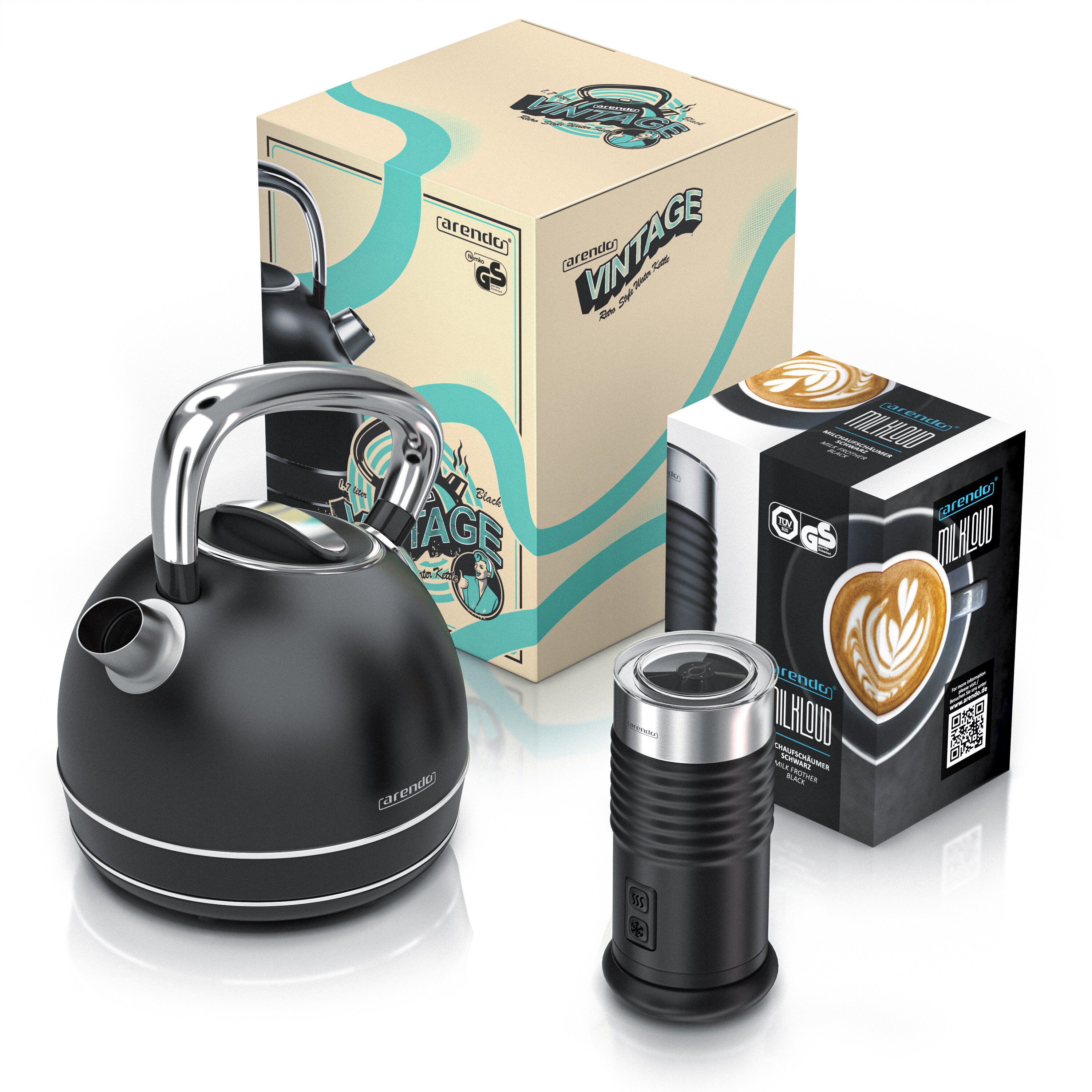 Arendo Frühstücks Set in Matt Schwarz - Edelstahl Wasserkocher & Milchaufschäumer