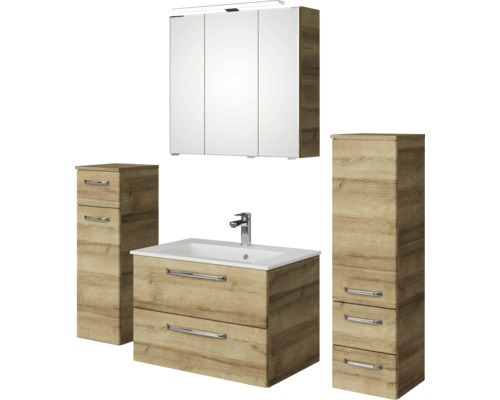 Pelipal Kumba badkamermeubelset (B x H x D): 137 x 200 x 50 cm, frontkleur: Riviera eiken, 5-delige set inclusief witte mineraalstenen wastafel, halfhoge kast en onderkast (artikelnr. 99.770126472)