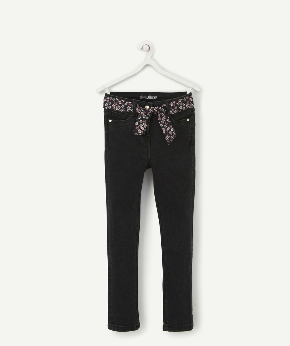 PANTALON FILLE SKINNY NOIR LESS WATER AVEC CEINTURE FLEURIE