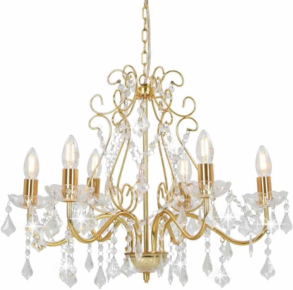vidaXL Kronleuchter-Pendelleuchte, 6xE14 Lampen, 60x44 cm, goldener Metallfuß mit Acryl-Kristallperlen, elegante moderne Hängeleuchte für Schlafzimmer & Wohnzimmer