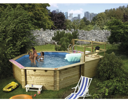 Opbouw houten zwembadset Karibu Classic 2C rond Ø 470x124 cm incl. ladder, bodembeschermvlies, zonnedek & 1 houten vleugel