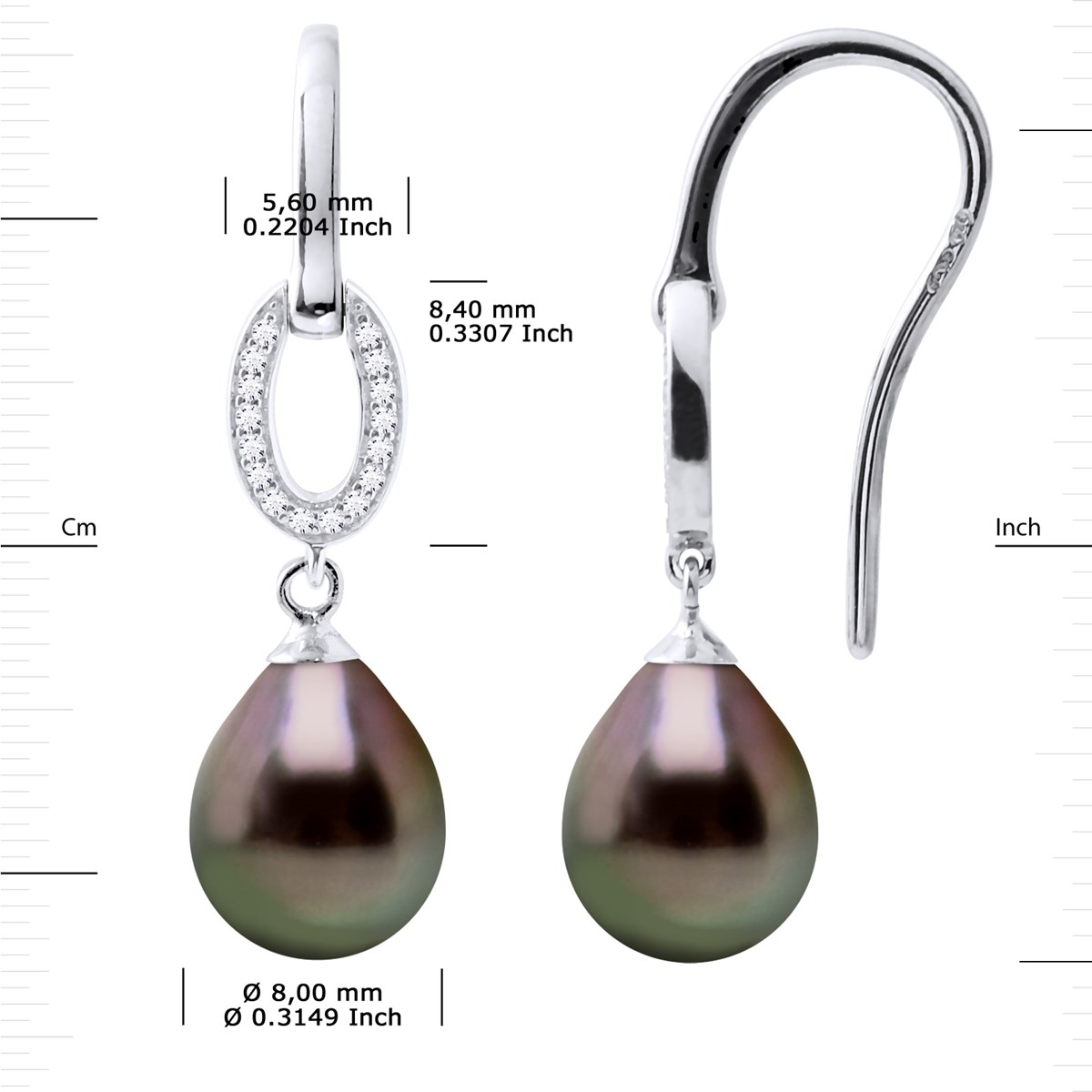 Boucles d'Oreilles Joaillerie Pendantes Perle de Tahiti Poires 8-9 mm Argent 925