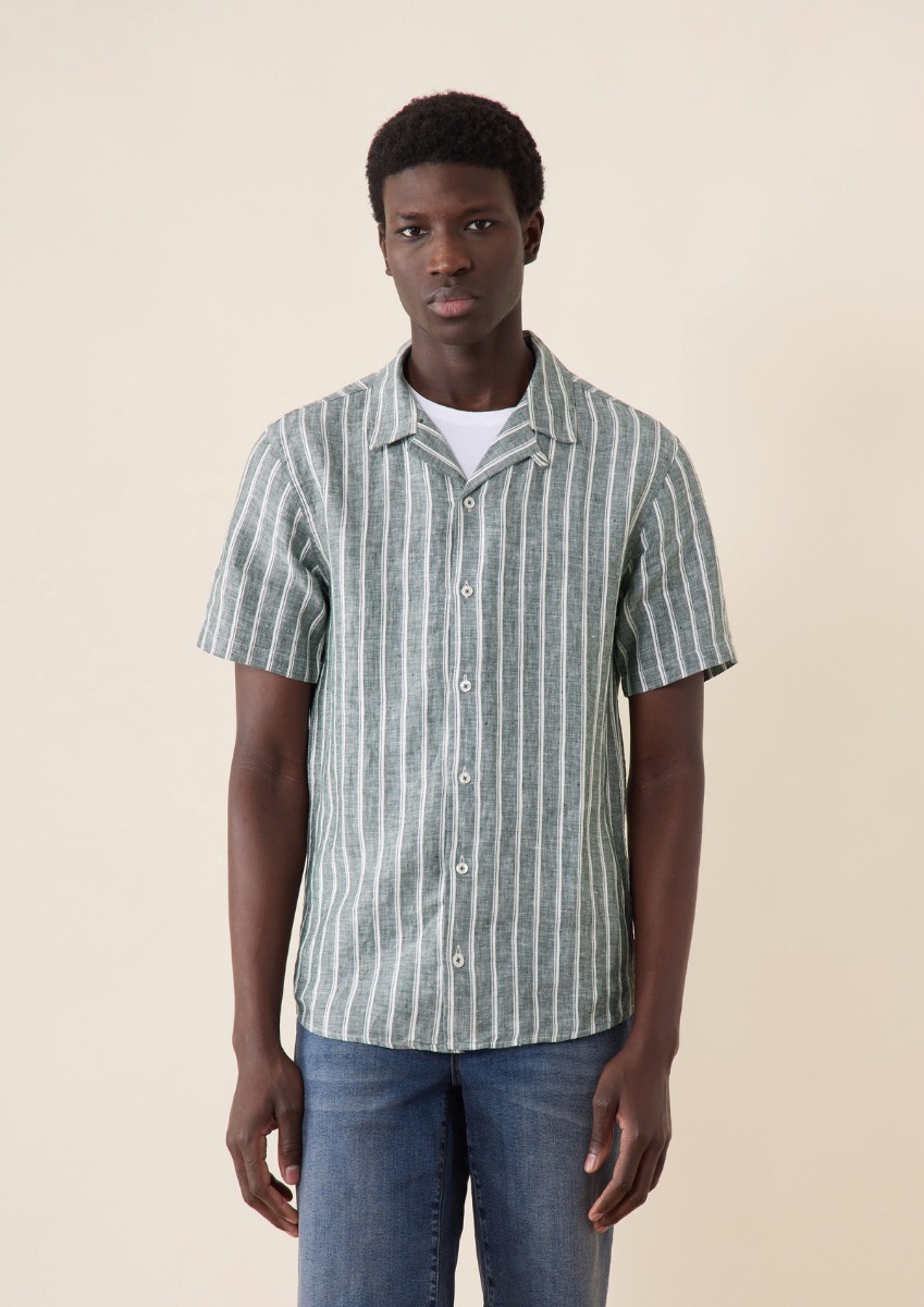 Chemise manches courtes Slim en popeline de lin kaki à rayures blanches