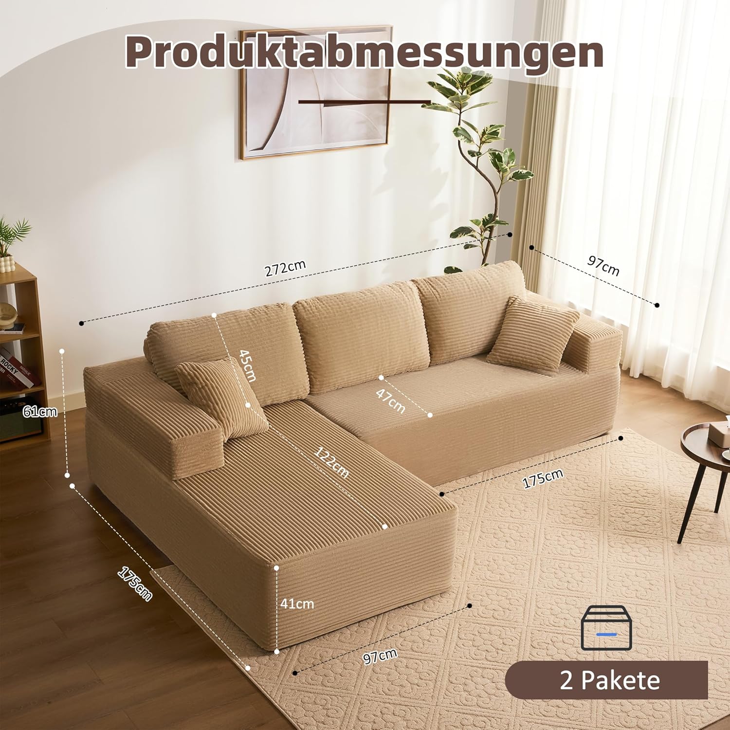 Modulares L-förmiges Ecksofa mit Schlaffunktion – rahmenloses Schlafsofa mit Chaiselongue Links, extra tiefer Sitzfläche, montagefrei, für Wohnzimmer,Hellbraun