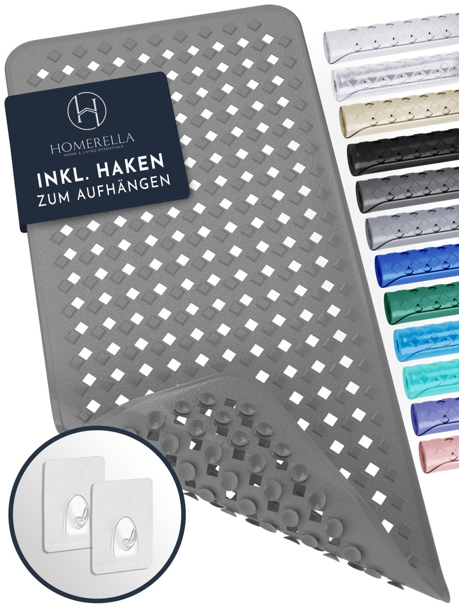 Homerella Antislip Badmat, Huidvriendelijk, 88x39cm, INCL. OPHANGSTANG | Antislip Badmat, BPA-vrij | Schimmelwerende & Machinewasbare Douchemat | Antislip Badmat