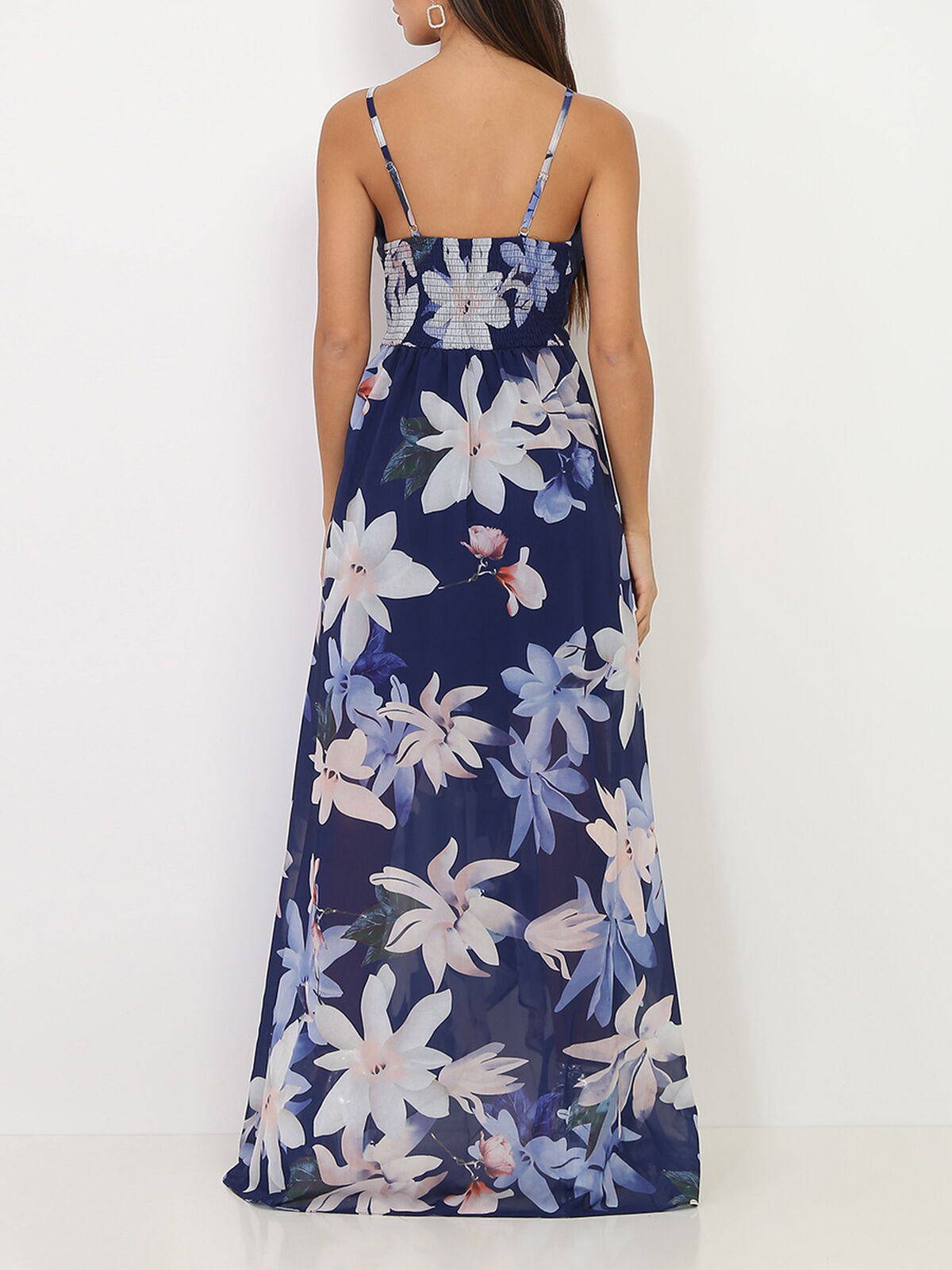 Robe longue fendue asymétrique à fleurs- Bleu marine
