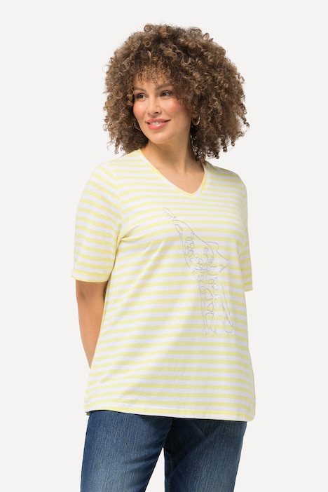 Shirt, Ringel, Metallic-Tier, V-Ausschnitt, Halbarm