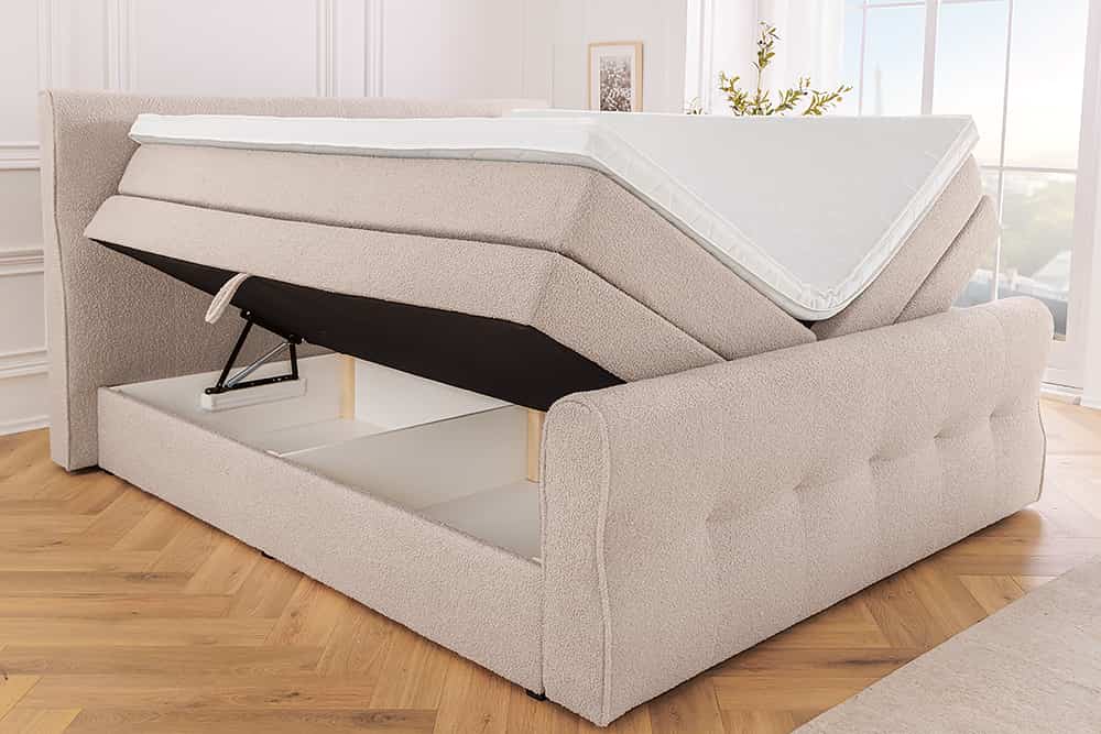 Boxspringbett SIGNUM 180x200cm beige Bouclé inkl. Stauraum Matratze Topper Matratze
