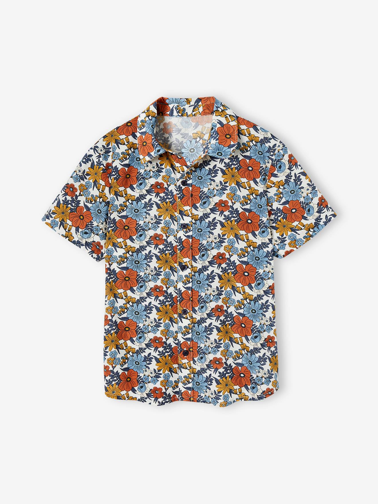 Camisa de manga curta com estampa floral para meninos, cor off-white