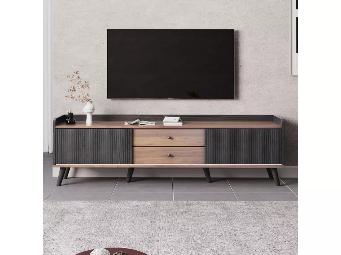 Meuble TV effet bois et noir avec 2 tiroirs au central et 2 portes coulissantes H58/L160/P40cm UNGRUDS