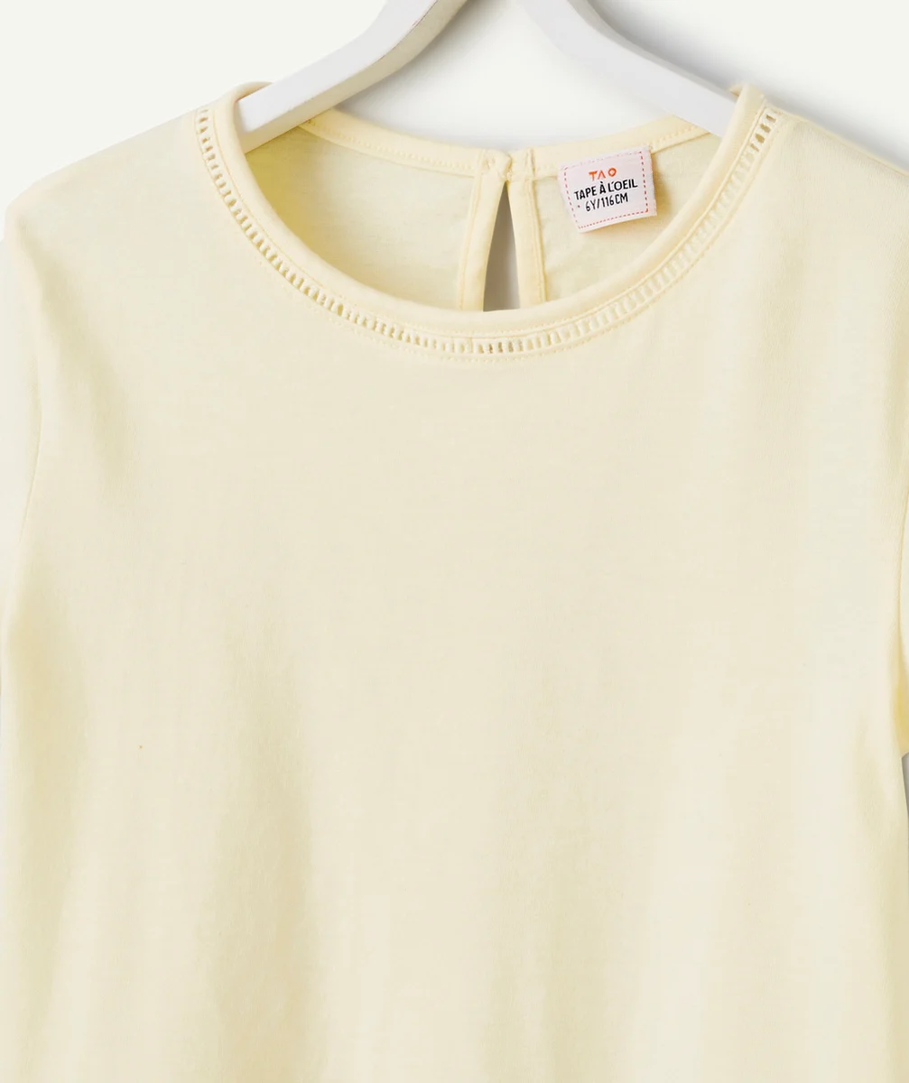 T-SHIRT MANCHES COURTES FILLE EN COTON BIO JAUNE PÂLE AJOURÉ