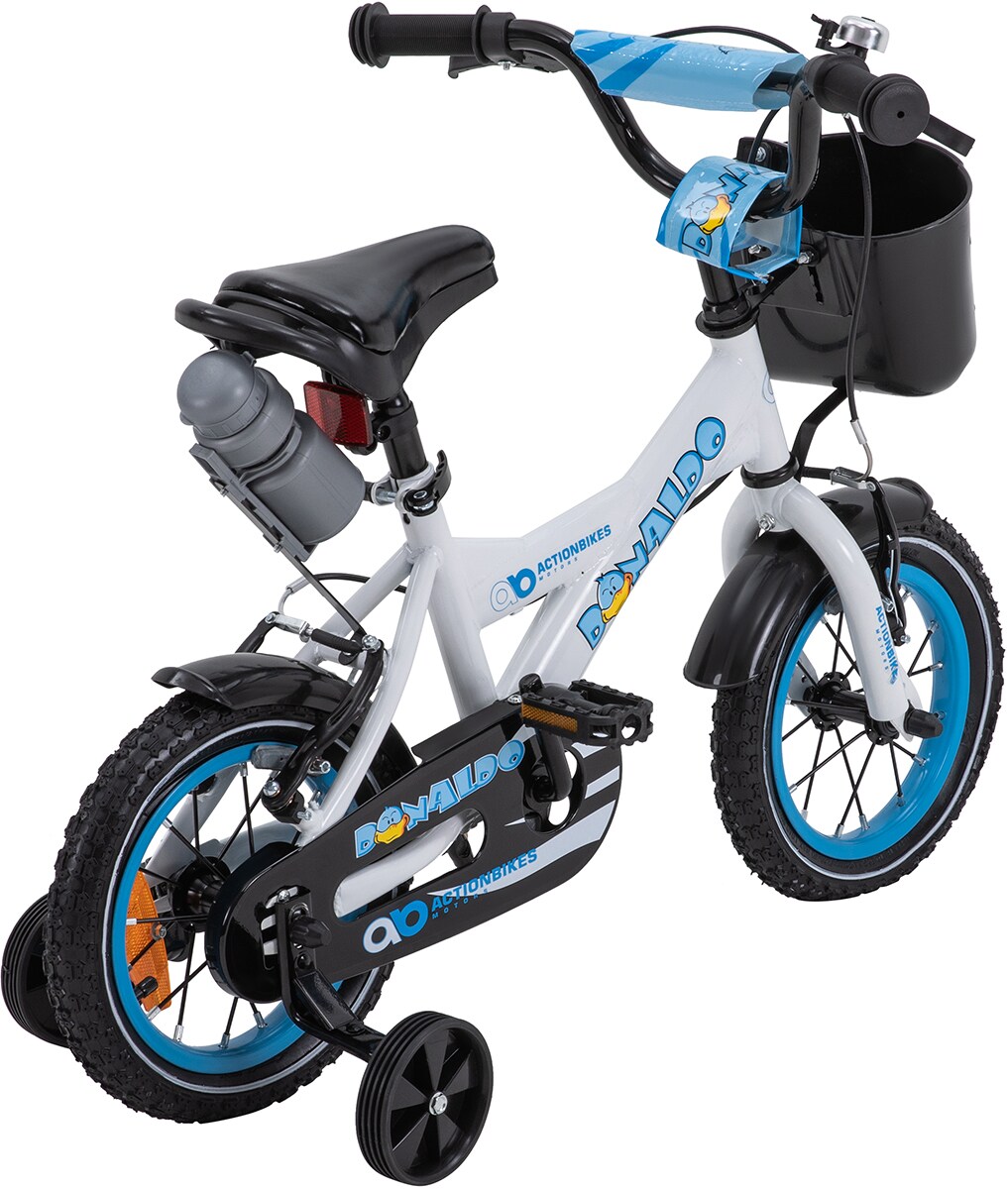 Actionbikes Kinderfahrrad Donaldo 12 Zoll, V-Brake-Bremsen, höhenverstellbar, Stützräder, Korb