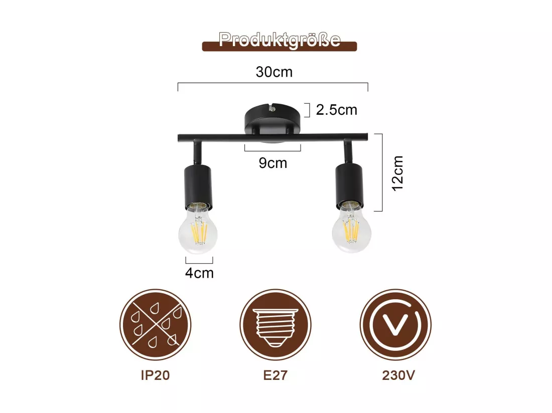 NETTLIFE Plafonnier plafonnier noir 2 ampoules Spot de plafond E27 vintage orientable 350°industriels