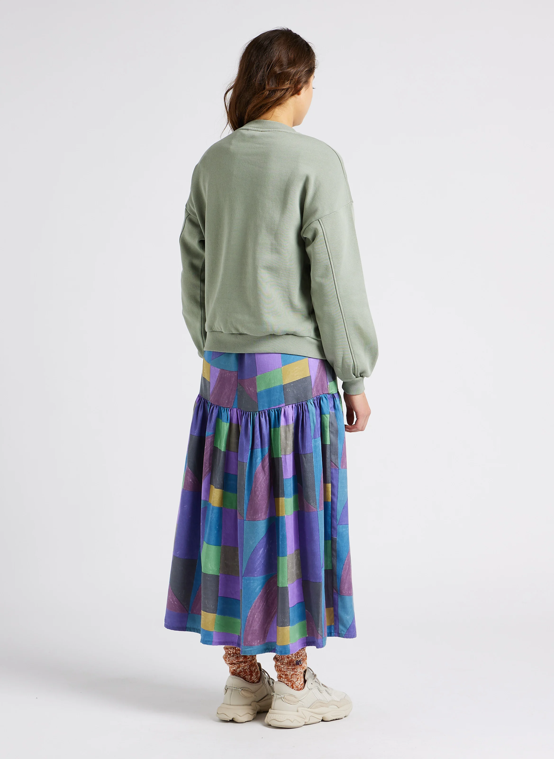 Robe longue col claudine à carreaux| Multicolore