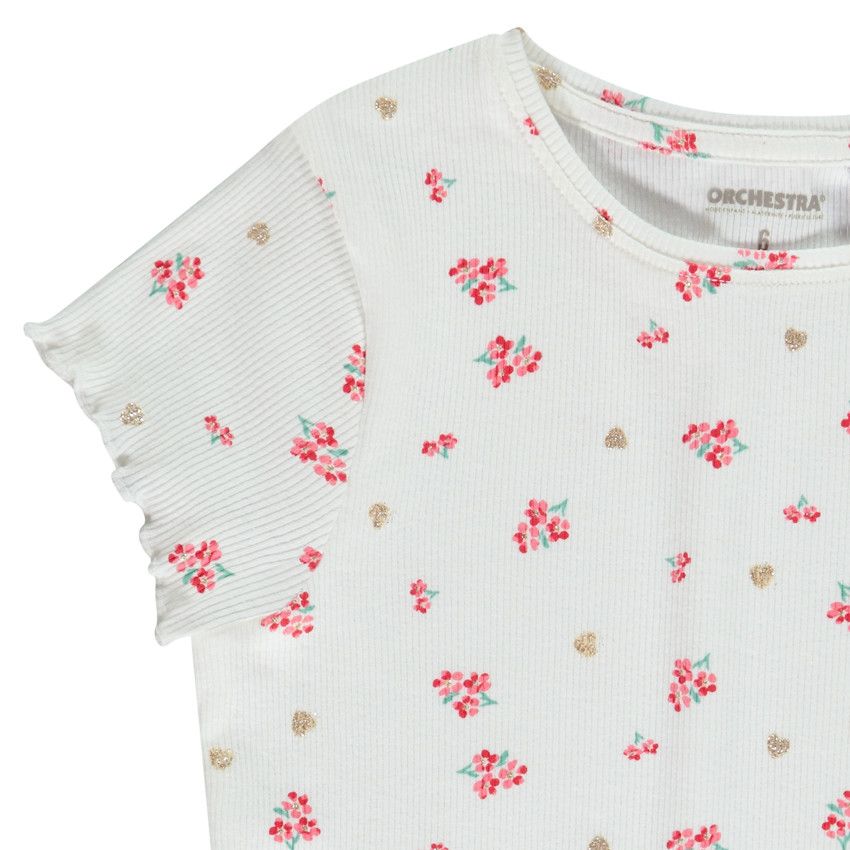 T-shirt manches courtes en rib imprimé fantaisie pour fille - Ecru