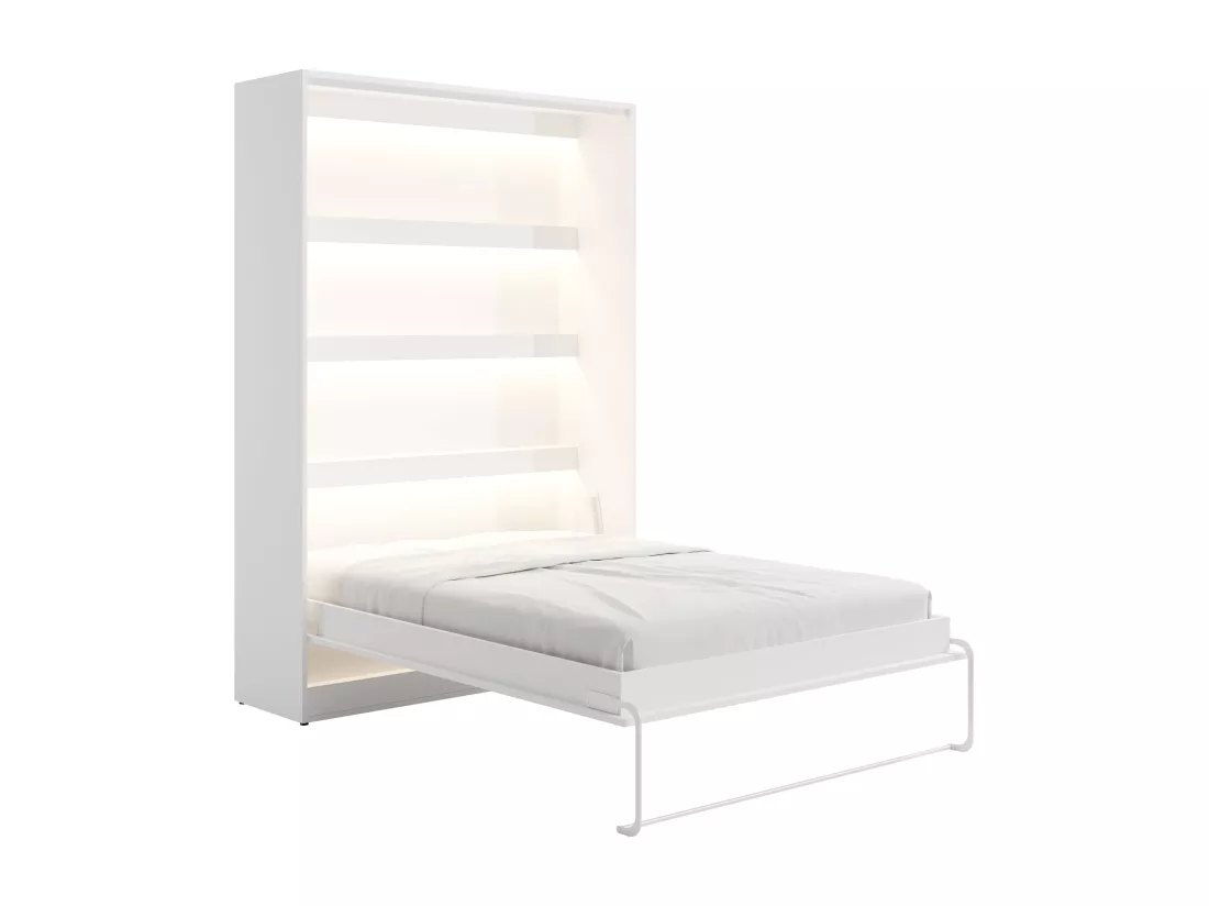 Lit escamotable 140 x 200 cm - Ouverture verticale manuelle - Avec LEDs - Blanc + Matelas - RAPILI