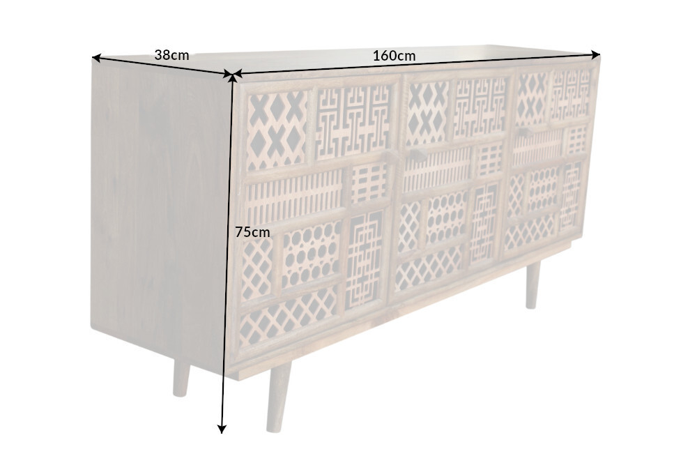 Massives Sideboard MARRAKESCH 160cm Mangoholz mit Verzierung Boho Stil