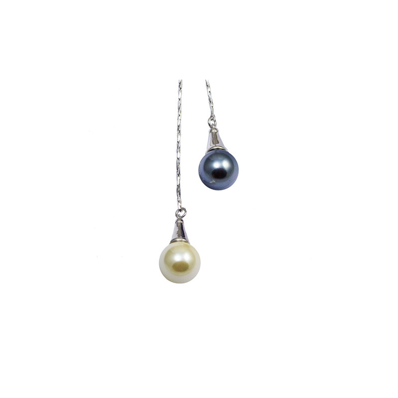 Collier Double Perle Noire et Blanche, orné de cristal de Swarovski et Plaqué Rhodium