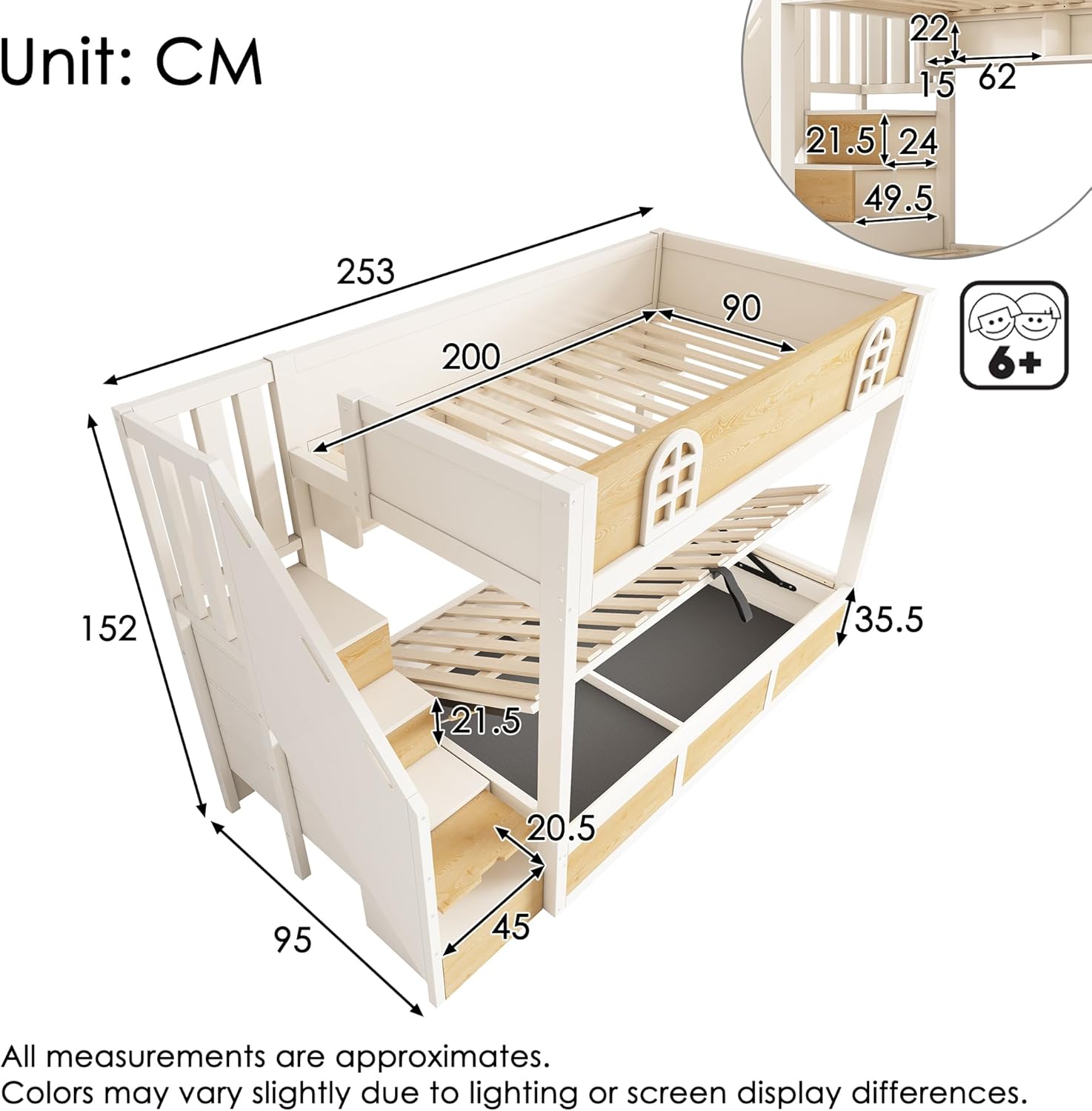 Mrwoo Etagenbett 90x200 cm, Kinderbett mit Hydraulischem Stauraum, Stauraumbett mit Fenster und Offene Regale, Lattenrost, Rausfallschutz Geländer, Weiß+Natur (Ohne Matratze) (90x200 cm)