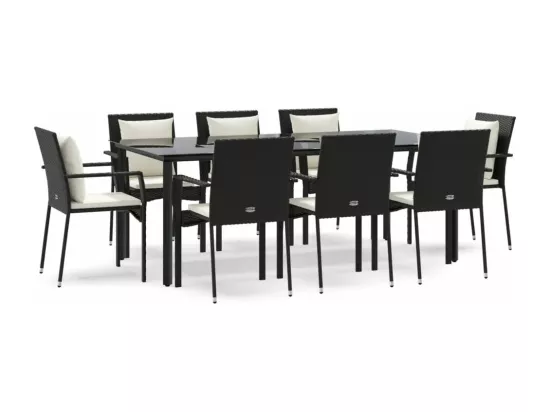 Ensemble à manger jardin 9pcs et coussins noir résine tressée