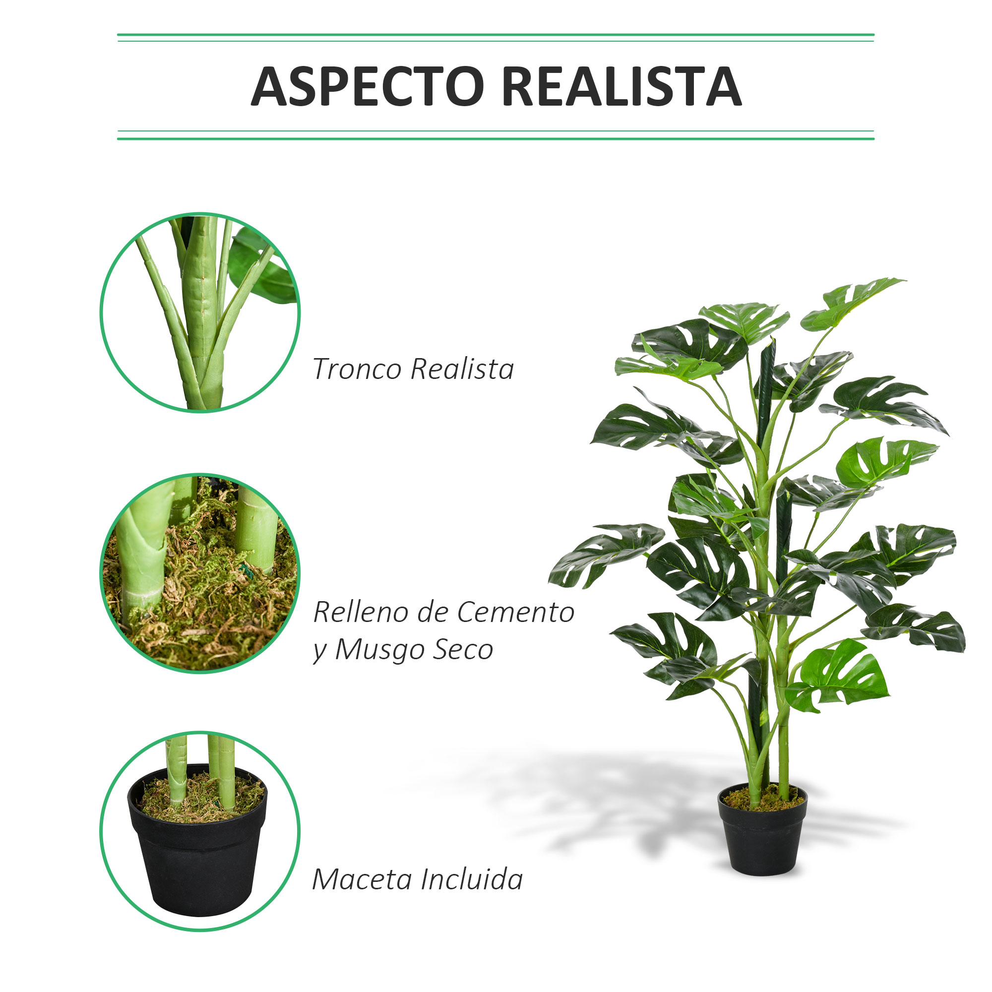 Planta artificial Outsunny Monstera com vaso, árvore tropical sintética com 21 folhas para casa ou escritório, Ø16x100 cm, verde