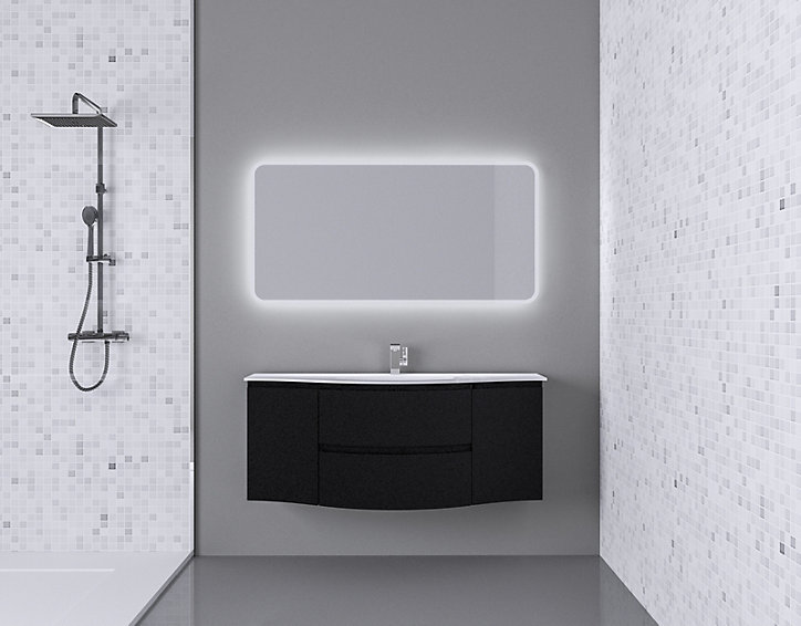 Ensemble Vague L.138 cm meuble sous vasque à suspendre noir mat + plan vasque central résine blanc