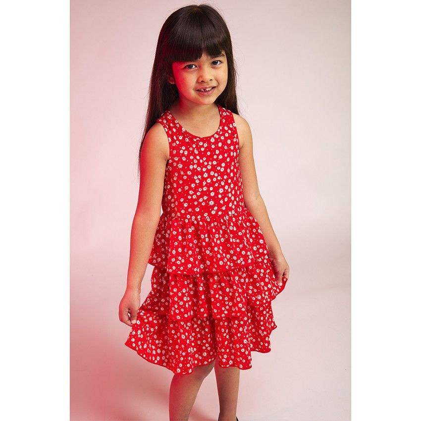 Robe volantée en maille imprimé fleurs pour fille - Rouge