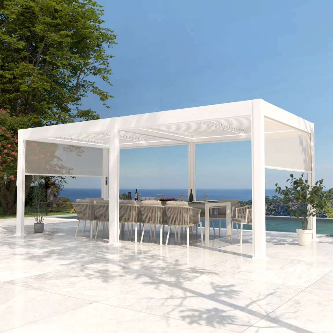 Pergola bioclimatique Autoportée motorisée aluminium et LED (3 x 6 m) Blanc