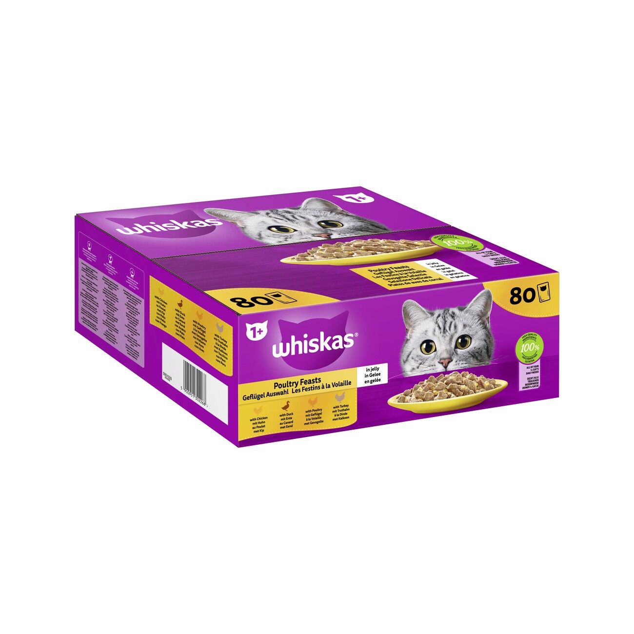 Whiskas ® Multipack Portionsbeutel 1+ Geflügel Auswahl 4 Varietäten Huhn, Ente, Geflügel, Truthahn in Gelee 80 x 85g