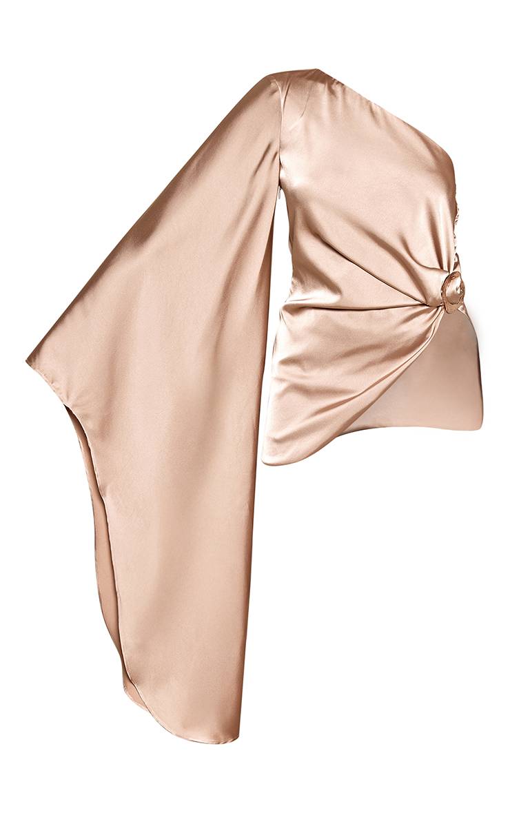 Taupe Top En Satin À Manche Unique Avec Détail De Finition