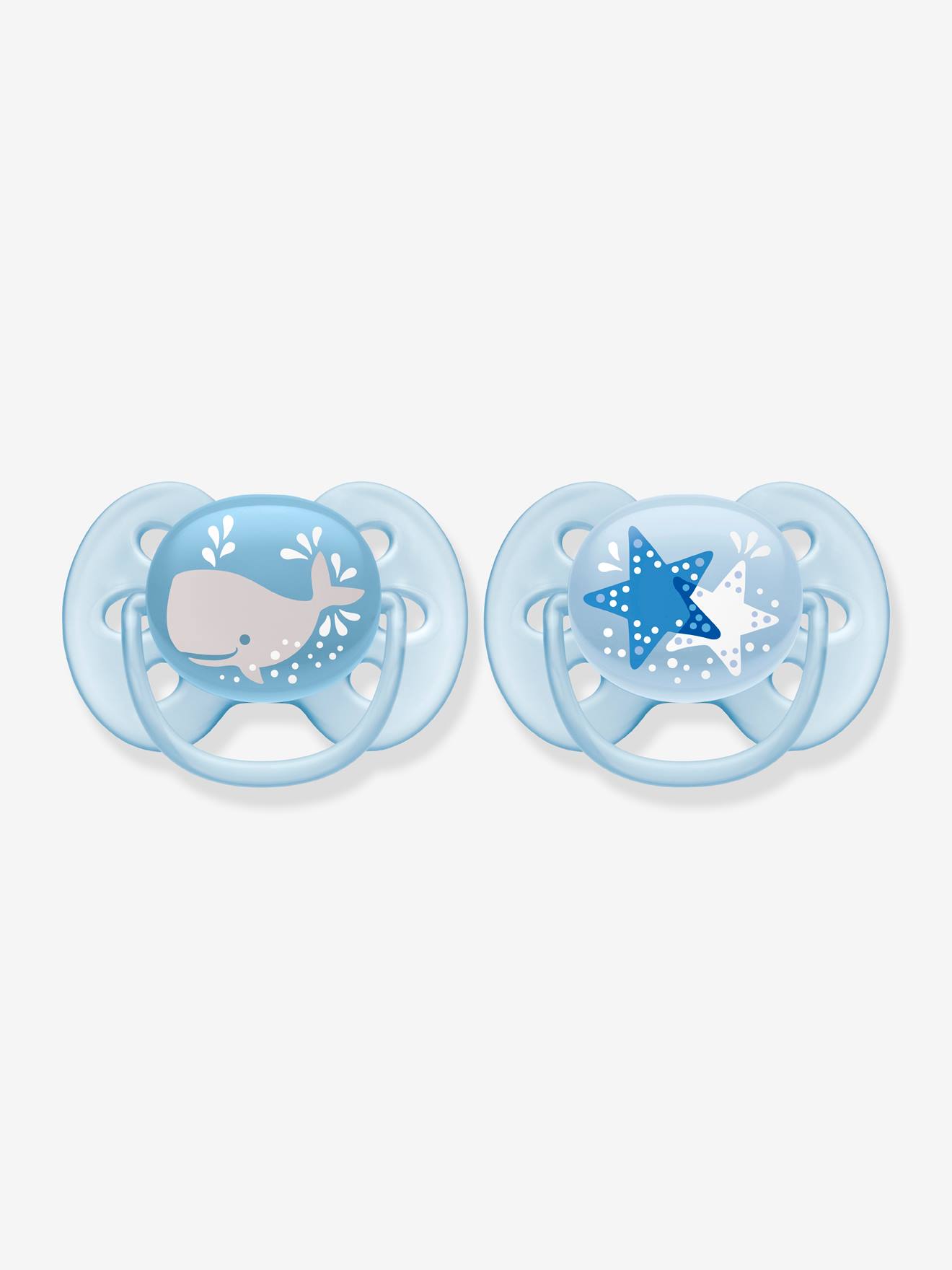 Pacote com 2 chupetas Philips AVENT muito macias para recém-nascidos, brancas, lisas com estampas.