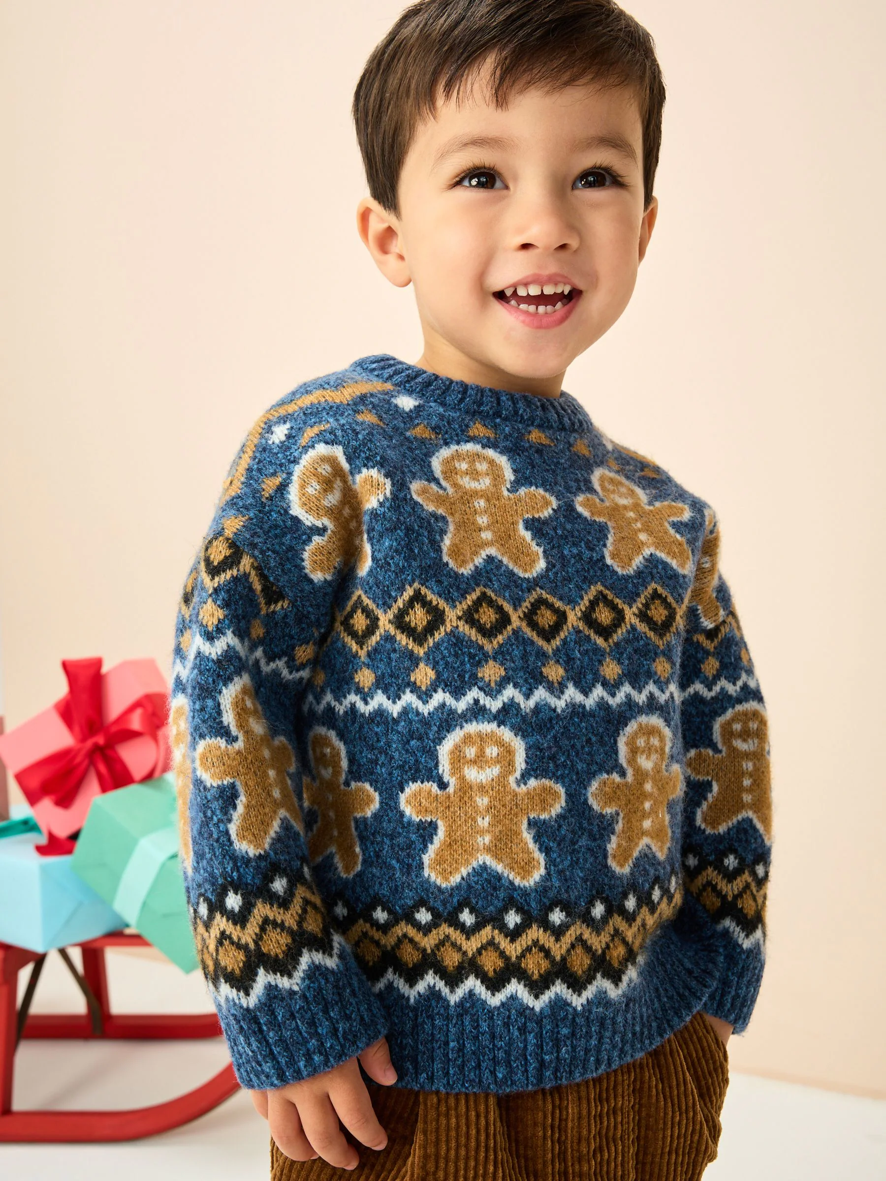 Marineblauw peperkoek - Gebreide kersttrui (3 mnd-7 jr)