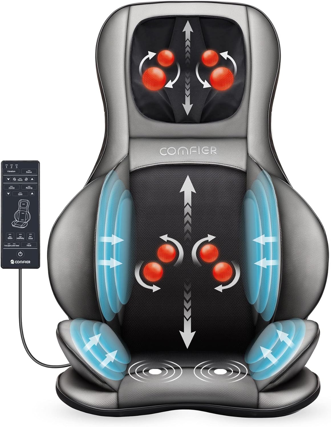 COMFIER Siège Massant Shiatsu pour Dos & Cou - Masseur de Dos Complet à Pétrir 2D/3D avec Chaleur et Compresse réglable, Fauteuil Massant pour hanche/nuque/dos, Masseur Complet du Corps