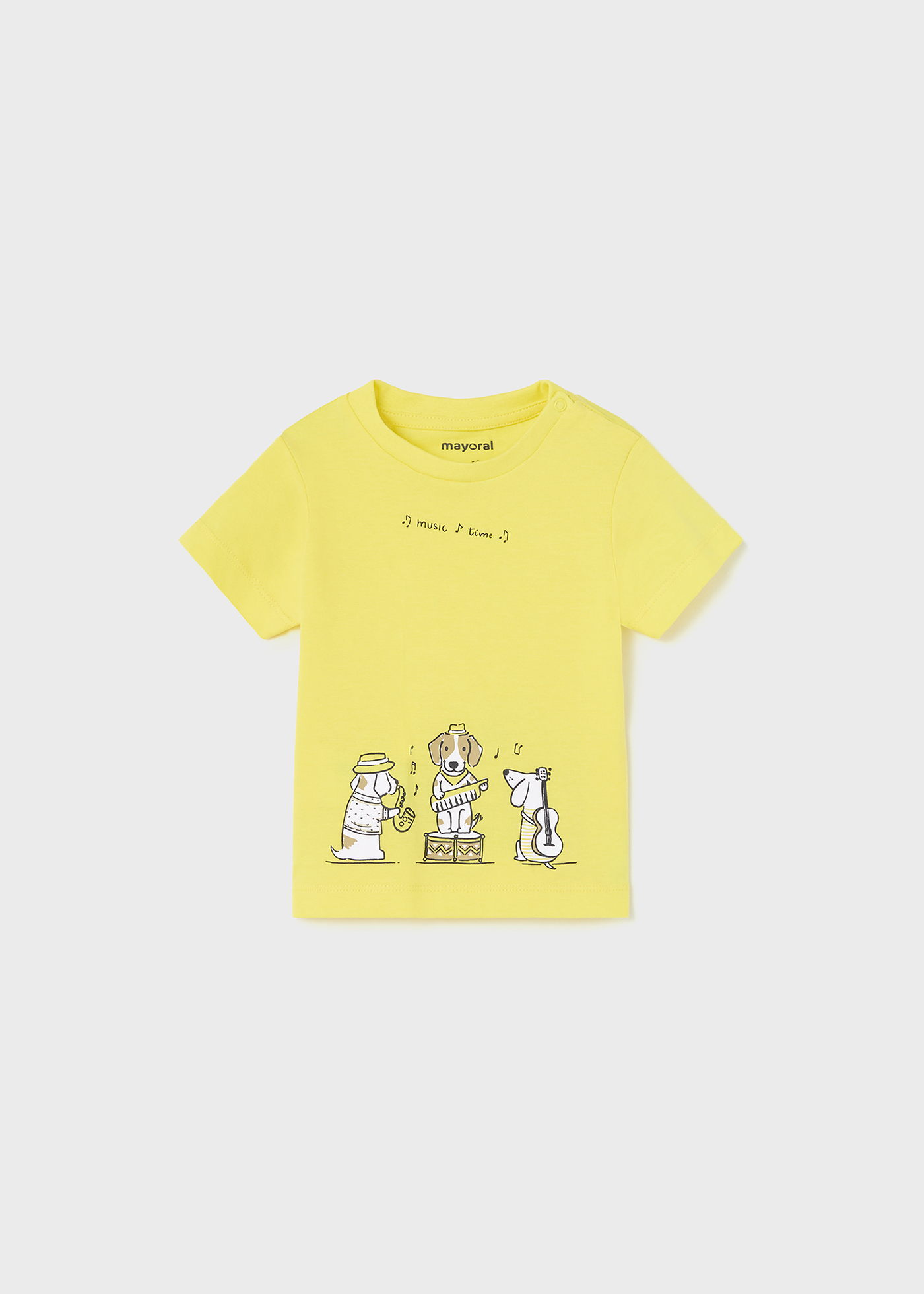 Camiseta de manga curta estampada para bebê, feita de algodão sustentável.