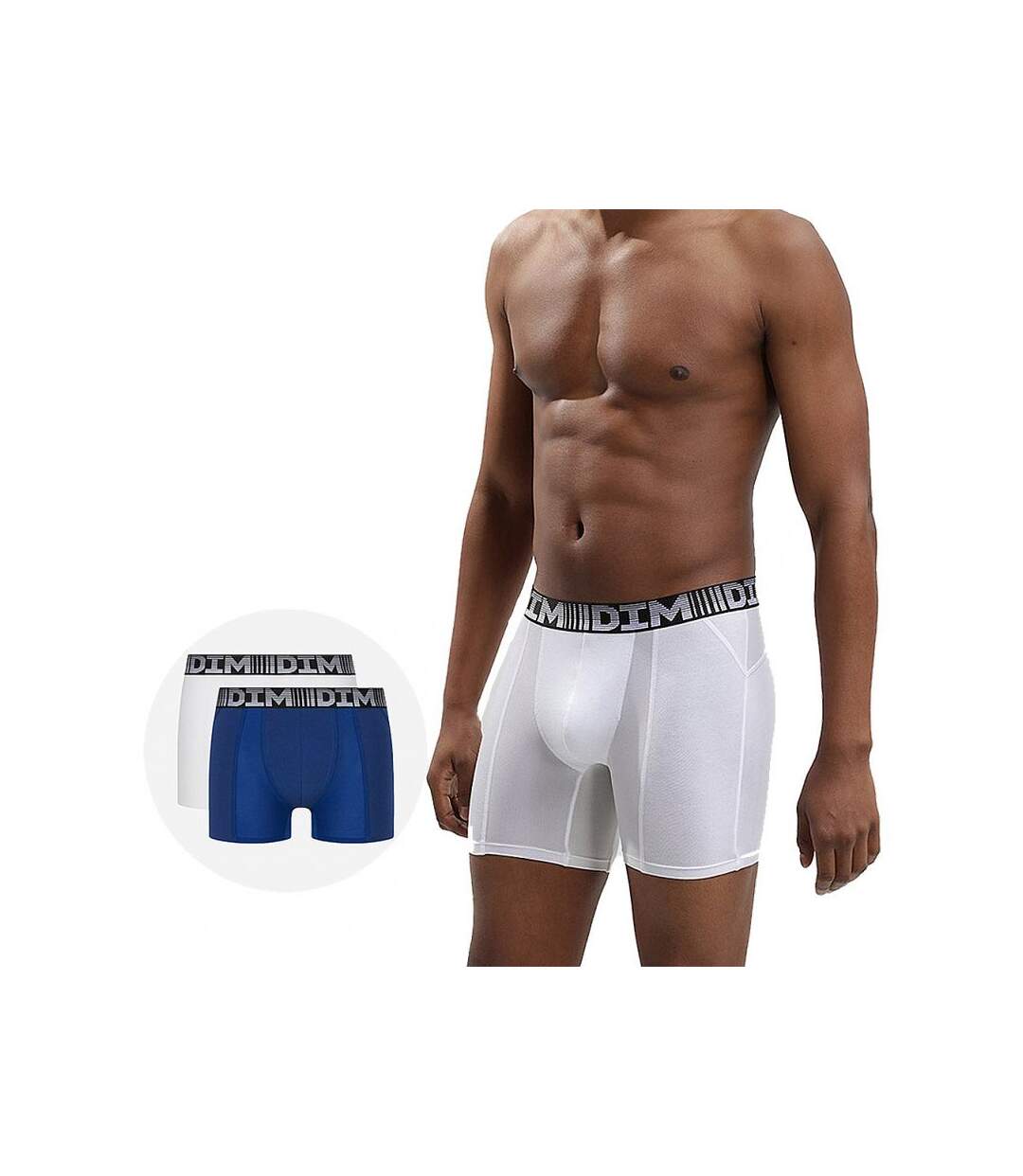 DIM Lot de 2 Boxers longs Homme Coton 3D FLEX AIR Bleu acier Blanc