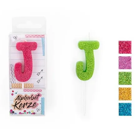 Trendhaus FESTIVAL FEELINGS Alphabet Kerze Glitzer J, 1 Stück, 5-fach sortiert