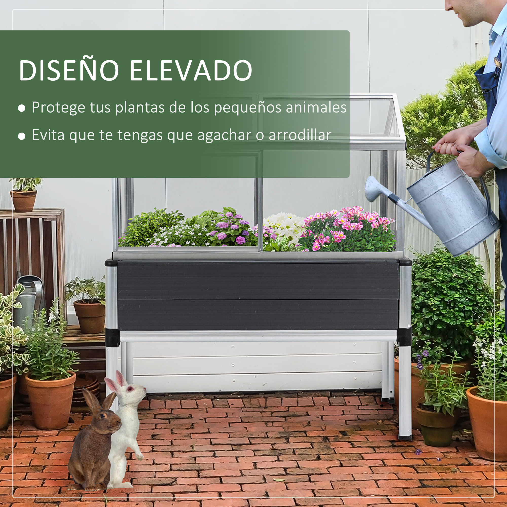 Jardim urbano elevado Outsunny, 113,5 x 61 x 128,5 cm, com cobertura de policarbonato, teto articulado e janelas deslizantes, estrutura de alumínio e PVC para plantas e flores, cinza.