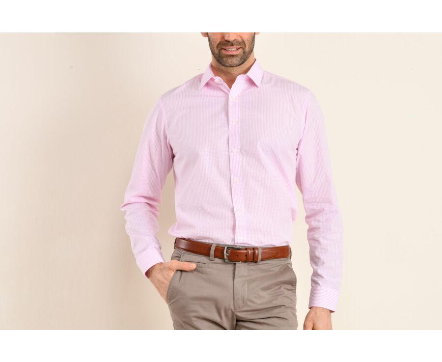 Chemise blanche à carreaux roses - Col français - ALFIERO