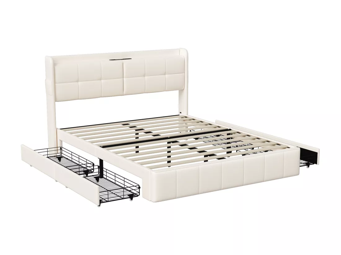 Lit double 140 x 200 avec 4 tiroir, avec chargement USB,PU,Beige