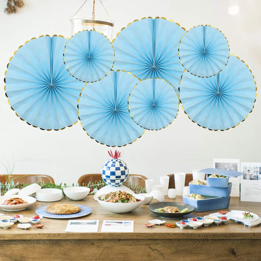 (6er Set) Papier Fächer Deko Rosetten Party / Geburtstag / Baby Shower - Blau / Gold