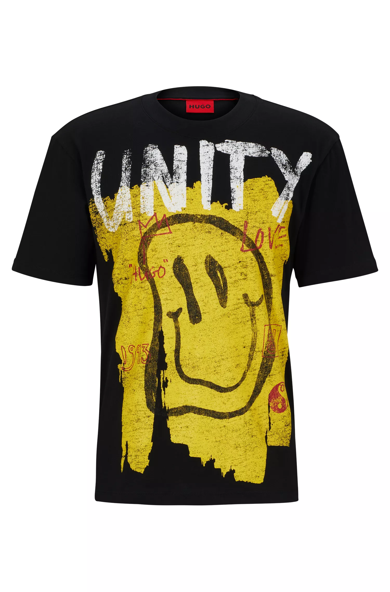 Camiseta HUGO vermelha em malha de algodão com estampas de rabiscos.