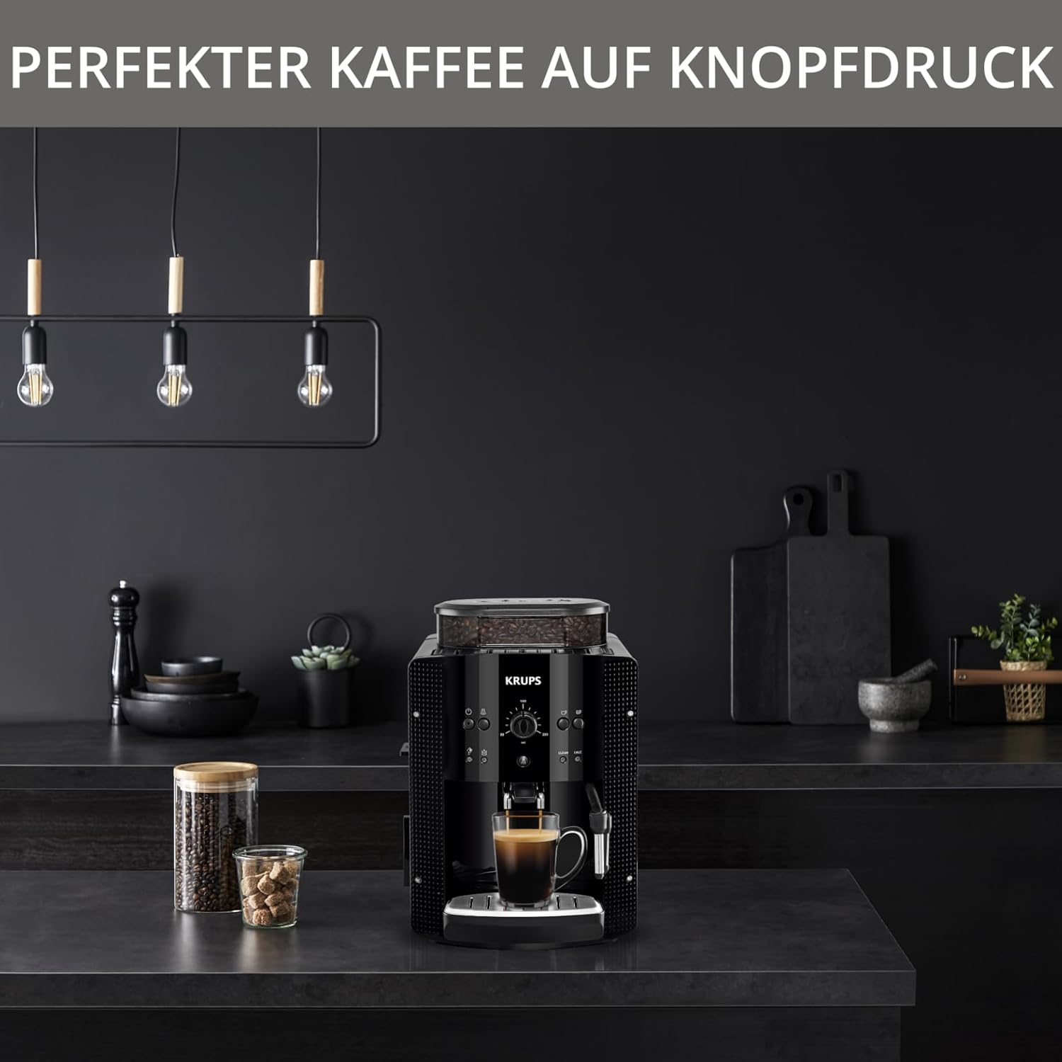 KRUPS Arabica Picto Kaffeevollautomat, kompaktes Design, einfache Bedienung, intuitiv einstellbarer Drehregler, Milchschaumdüse, 2-Tassen-Funktion, Kaffeemaschine, Schwarz, EA810870