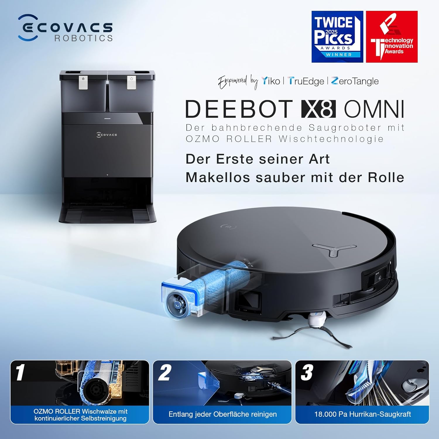 ECOVACS DEEBOT X8 OMNI Saugroboter mit Wischfunktion, 18.000 Pa, OZMO ROLLER Wischwalze mit kontinuierlicher Frischwasser-Selbstreinigung, Moppwäsche mit 75°C heißem Wasser, Heißlufttrocknung, Schwarz
