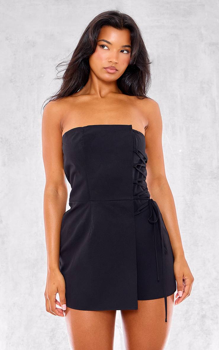 Noir Combi-short Jupe-culotte Bustier Tissé Structuré