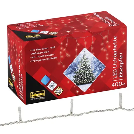 Idena LED Lichterkette Eiszapfen für innen und außen, 400er warm weiß, mit Timer