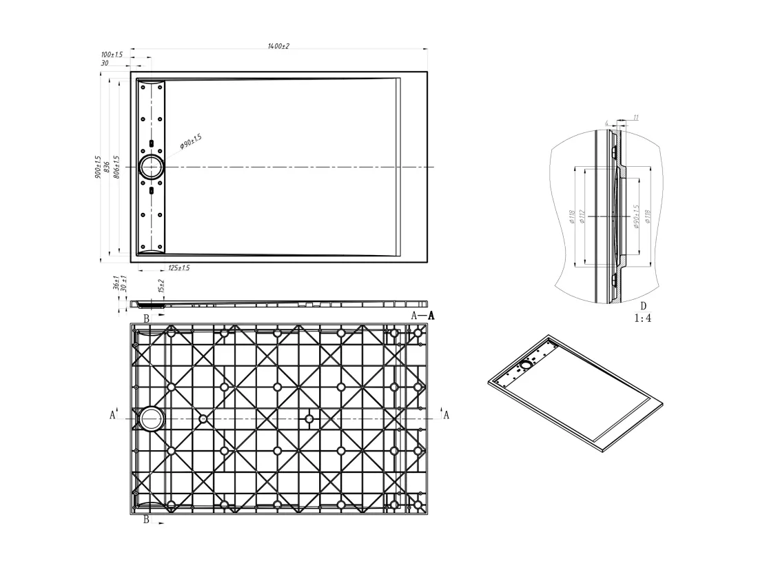 Receveur extra-plat à poser ou à encastrer découpable en résine SMC - Gris - 140 x 90 cm - LYROSA