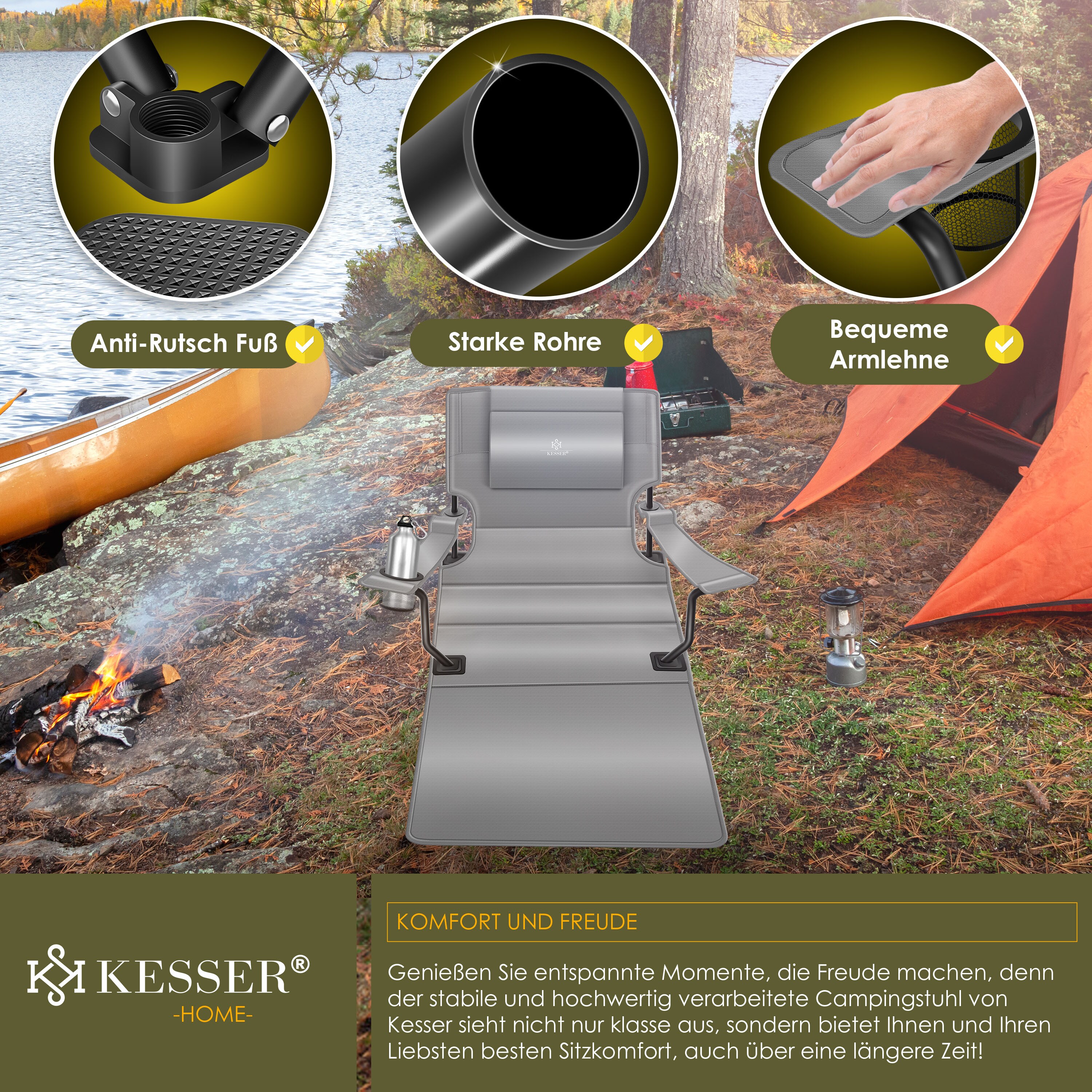 KESSER® Campingliege Campingstuhl 2in1 bis 160kg | Feldbett klappbar | Campingbett faltbar extra breit | Campinglicht & Getränkehalter + Aufbewahrungstasche & Transporttasche | Angelliege verstellbar