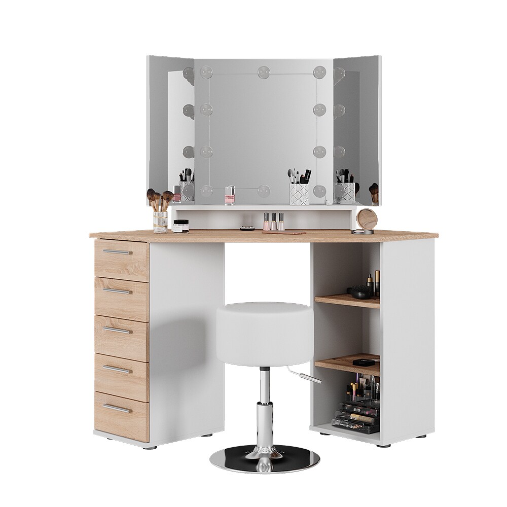 Vicco Eckschminktisch Frisiertisch Frisierkommode Sofia Weiß Sonoma Spiegel LED Hocker 128x142 cm modern Ablage
