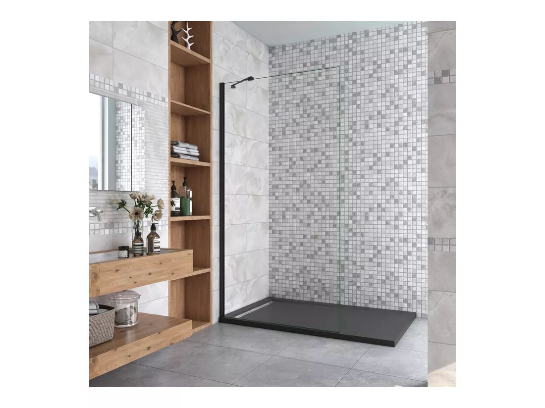 Paroi de douche à l'italienne 90x200cm en verre 8mm securit anticalcaire, avec barre de fixation d'angle 45cm - Noir Mat
